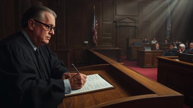 Signing senior judge writing at bench after docket placed, holding pen, wearing black robe, glasses