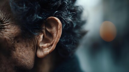 Close-up profile of man's ear and curly dark hair with soft bokeh background creating intimate personal care and hearing health concept.