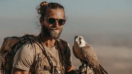 Bearded man with sunglasses and falcon on his arm in desert landscape, portraying wildlife conservation and falconry expertise in rugged outdoor setting.