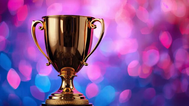 Shifting camera rotating gold cup trophy reflecting bokeh lights on pedestal, showcasing award