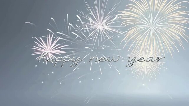 bright silver happy new year greetings animation with astonishing firecracker
