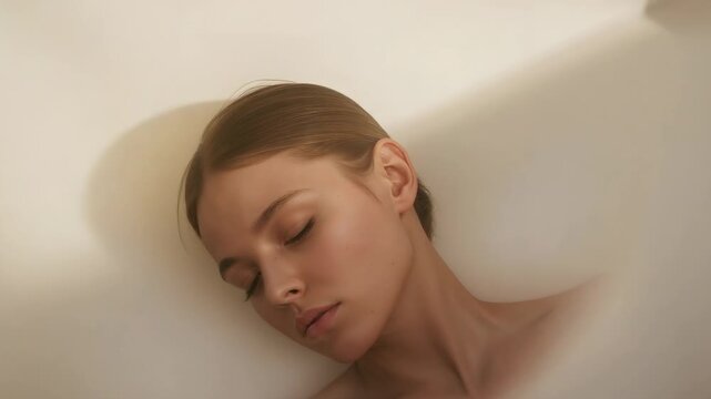 Resting strapless woman keeping eyes closed in studio, front blur drifting, light shifting shadow