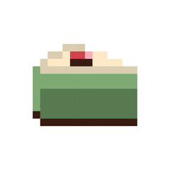 Pixel art matcha cake icon isolated on white. Cute green tea cupcake game asset