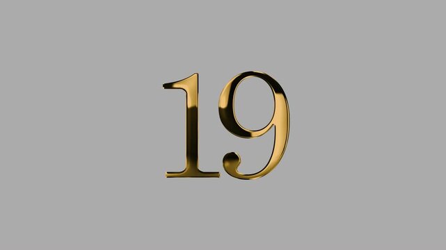 Gold number 19 with gold particle and transparent background, number nineteen