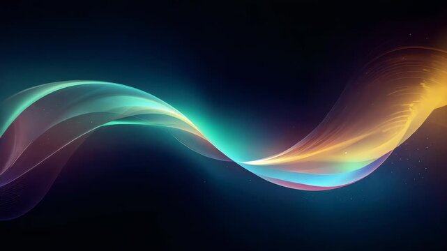 Flowing luminous color ribbon waving across dark backdrop with frame shifts, revealing warm tones