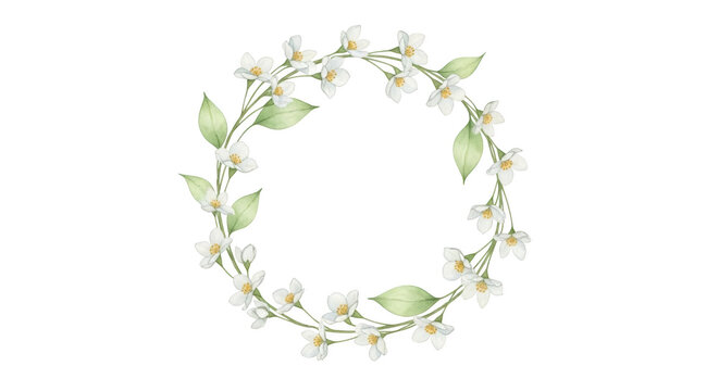 Watercolor white jasmine flower wreath with green leaves on black background image
