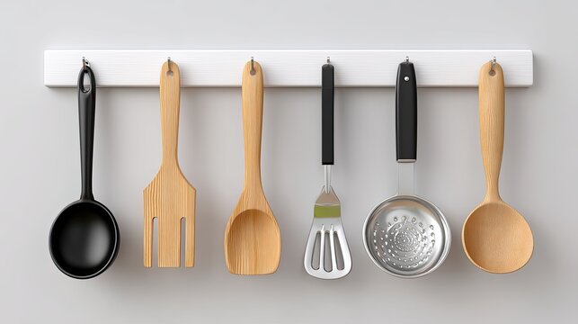 Modern Kitchen Utensils Hanging on Rack, Featuring Wooden and Metal Cooking Tools for Culinary Use in Contemporary Home Settings