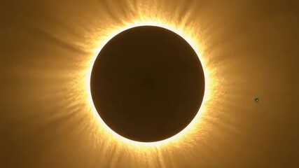 Showing centered eclipsed sun moving toward totality in sky, moon aligning, with corona prominences