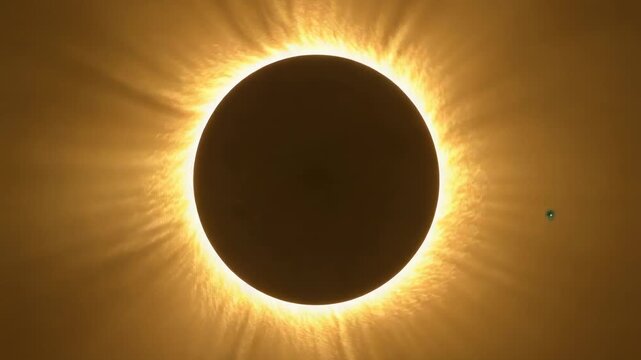 Showing centered eclipsed sun moving toward totality in sky, moon aligning, with corona prominences
