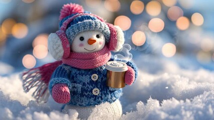 Knitted snowman holding a steaming cup of hot drink. Winter season and festive cheer concept Festive Christmas and New Years holidays mood footage.  - Powered by Adobe