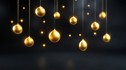 Obraz premium Golden Droplets of Liquid Hanging in the Air with Soft Light Reflections on a Dark Background for a Luxurious and Elegant Atmosphere