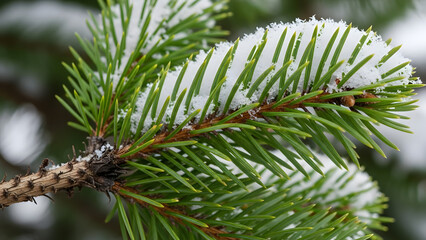 Delicate white snow gently blankets the vibrant green needles of a winter pine branch, showcasing the quiet beauty of a frosty forest scene, capturing the essence of natural tranquility