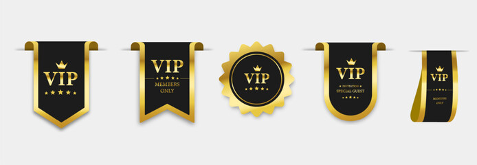 Vip label, badge or tag. Black vector banner with gold vip text, luxury premium design, vector illustration