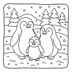 Cute Penguin Family in Winter Landscape – Line Art Coloring Page