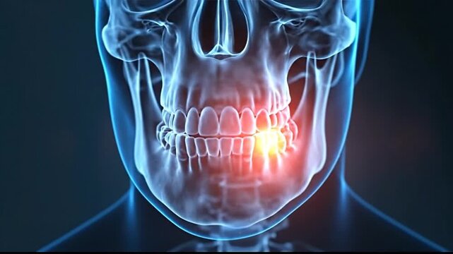 Medical animation showing jawbone and dental implant procedure in detailed side view
