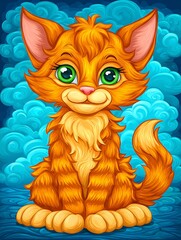 Adorable cartoon cat with orange fur and striking green eyes, set against a dreamy blue cloudy backdrop