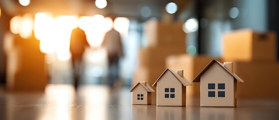 Wooden house models on desk with blurred business people in modern office background representing real estate investment and property development concepts.