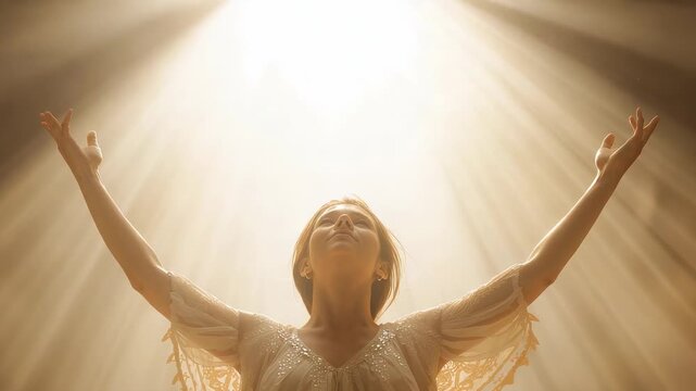 Standing woman raising and holding arms upward in studio responding to golden beams, wearing gown