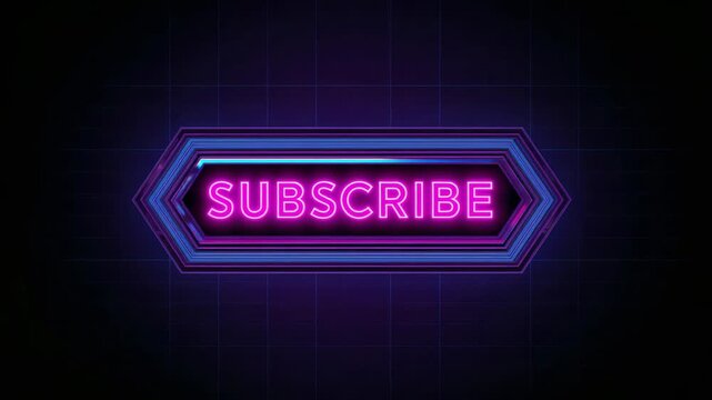 Loop starting, neon SUBSCRIBE badge brightening with pink text and magenta cyan glow on dark grid