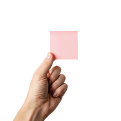 Fototapeta premium Hand holding blank pink sticky note for reminders ideas messages notes and communication isolated on transparent background