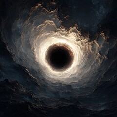 The image depicts a dramatic, swirling vortex of clouds surrounding a central, black void
