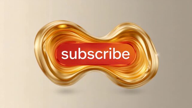Loop starting, gold ribbon morphing around red subscribe button on beige gradient, drawing eye