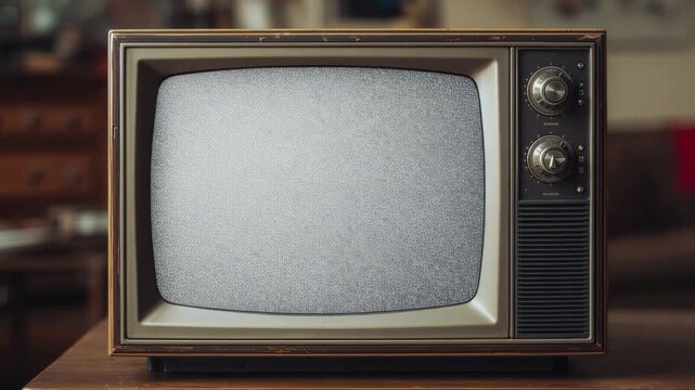 Displaying vintage CRT television showing pixel-art Subscribe button in living-room, losing signal