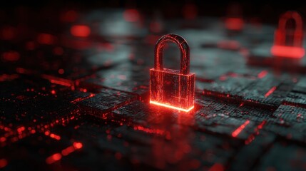 Futuristic red lock symbolizing cybersecurity on a digital network background, representing data protection and security measures.
