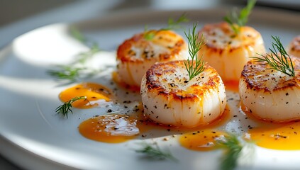 Pan-seared scallops with golden caramelized tops, fresh dill garnish and orange sauce on white plate. Gourmet seafood dish for fine dining restaurant menu.