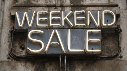 Neon sign advertising a weekend sale on a weathered wall, attracting shoppers with vivid colors and bold letters, evoking urban vibes.