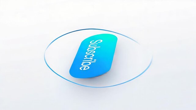 Rotating pill-shaped subscribe button tilting on white studio on play, drawing viewers with ring
