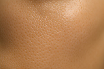 Fototapeta premium Photorealistic 3D facial skin, smooth healthy texture with visible pores, natural micro-shadows, subtle peach-fuzz hairs, warm even skin tone, soft studio side lighting revealing gentle contours