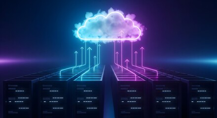 Fototapeta premium Conceptual illustration of data center servers uploading digital information to a neon-lit cloud computing storage network.