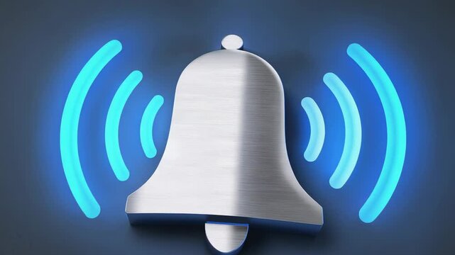 Ringing as alert arriving metal bell rotating and emitting blue waves with clapper on dark gradient