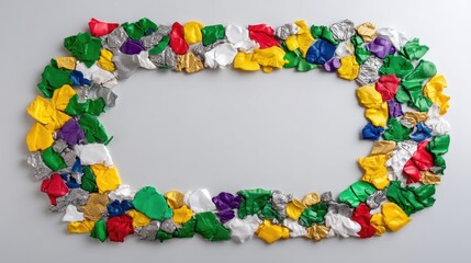 Colorful Crumpled Foil and Paint Pieces Created into a Decorative Frame Arrangement on a Gray Background for Artistic Projects