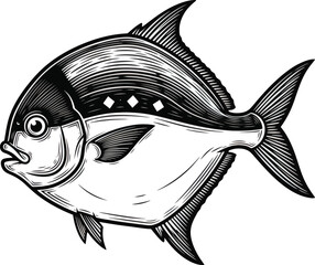 Engraved style fish illustration with detailed scales