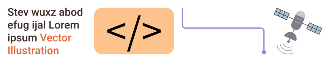 Data transmission, programming tools, coding platforms, communication systems, modern tech integration, digital networking. Coding symbol linked to a satellite. Data transmission and programming