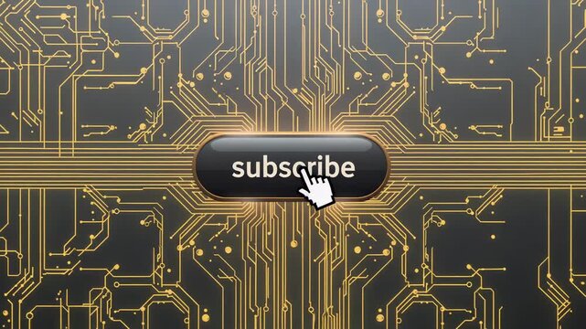 Moving white hand cursor hovering toward center subscribe button on circuit traces to subscribe