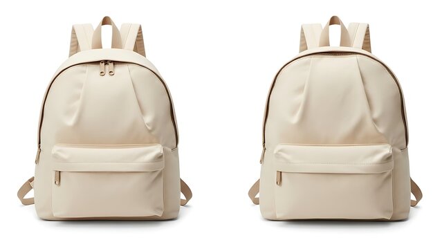 Cream colored backpacks against a white background studio shot