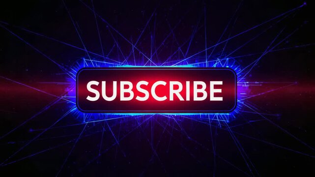Animating SUBSCRIBE button pulsing and shining on black field with blue filaments, magenta streak