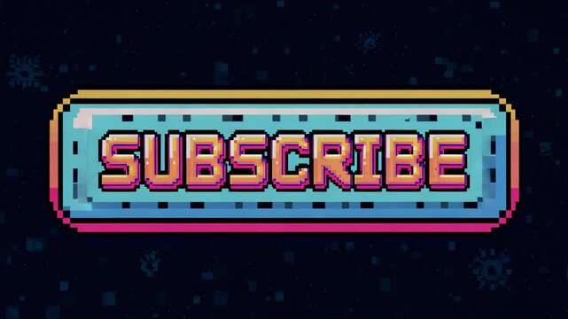 Looping pixel SUBSCRIBE button staying centered while background cycling navy-pink pixels shifting