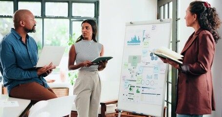 Laptop, tablet and whiteboard with people, cooperation and charts for sales increase. Employees, subscription or women with computer, collaboration or feedback with planning or social media analytics - Powered by Adobe