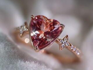 A close up of golden ring with a red heart gemstone surrounded with diamonds