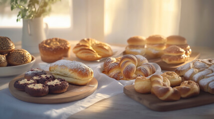 A variety of fresh pastries and breads on a sunlit table.