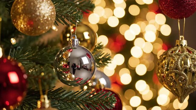 Decorated evergreen tree with ornaments and glowing lights