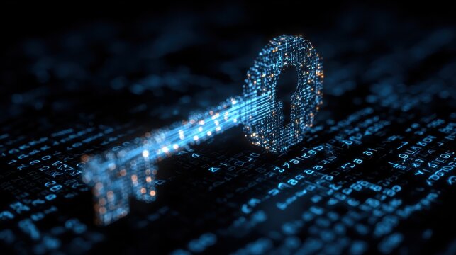 A digital representation of a key glowing amidst binary code, symbolizing cybersecurity and digital access.
