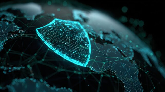A digital representation of global cybersecurity, showcasing a shield icon overlay on the world map amidst network connections.