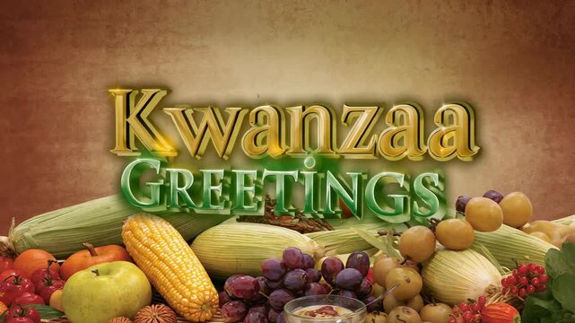 Shining gold Kwanzaa, green GREETINGS catching soft light on parchment, showing corn and grapes