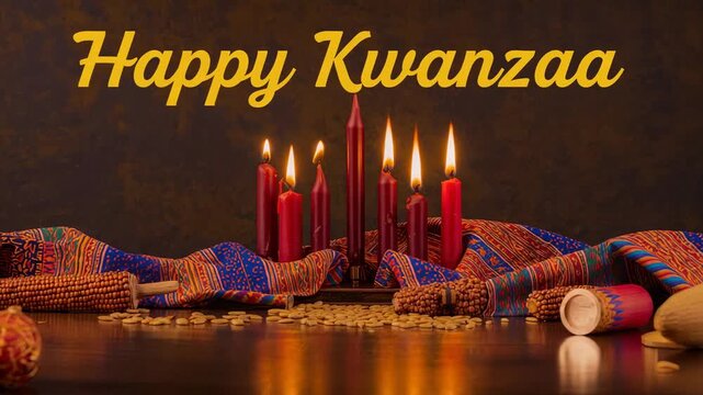 Flickering kinara holding seven lit candles, frames advancing showing flames changing on wood table