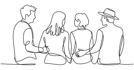 A continuous line drawing shows a diverse group of four people, two couples, sitting together with arms around each other, representing unity and togetherness.
